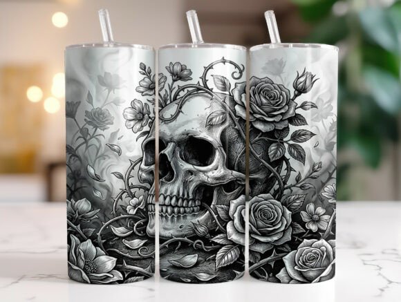 Black and White Floral Skull Tumbler PNG Review