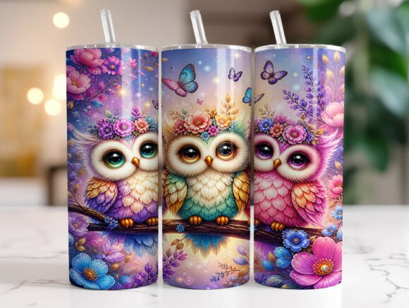 Cute Floral Owl 20oz Skinny Tumbler Wrap