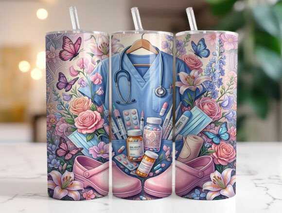 Floral Nurse Scrubs 20oz Tumbler Wrap