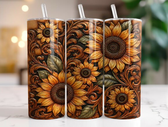 Rustic Sunflower Tooled Tumbler Wrap PNG Review